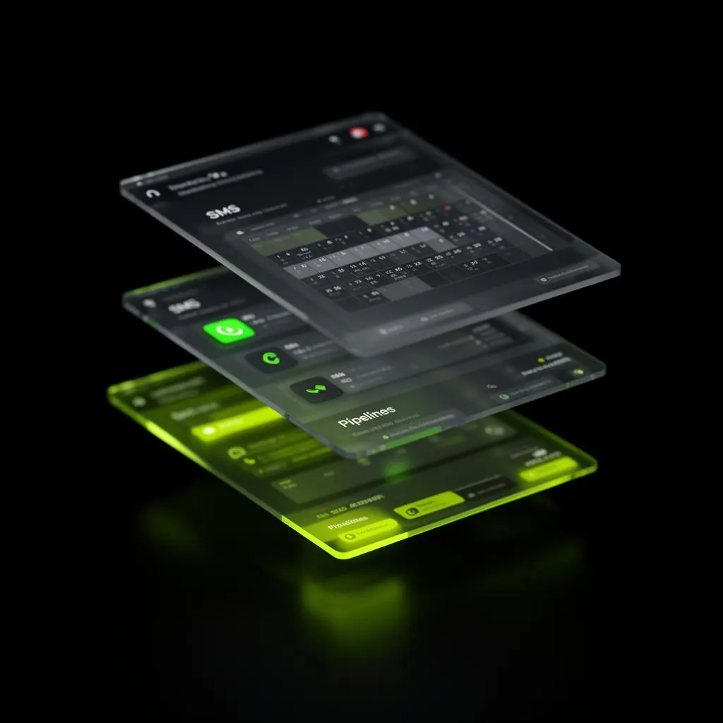 Stacked translucent operations panels in deep black with neon lime accents
