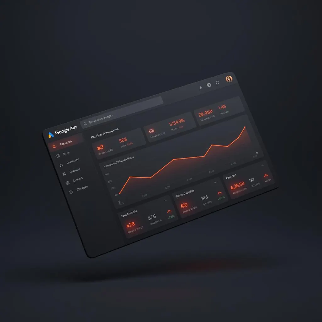 Dark Google Ads dashboard mockup with orange accent metrics floating in space