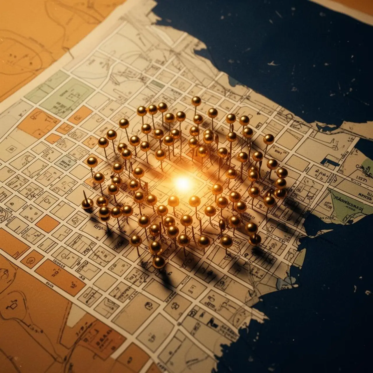 Vintage city map with golden push-pins clustered around a glowing center