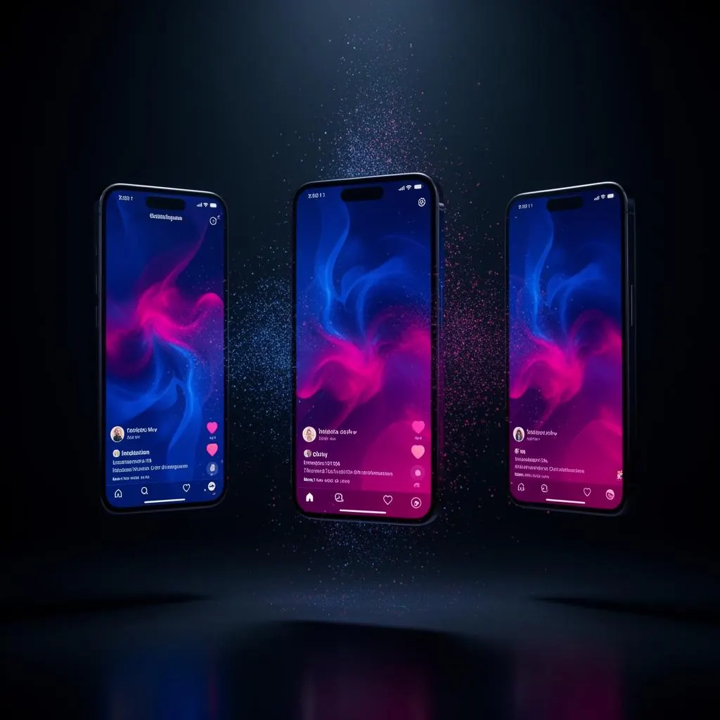 Three vertical phone screens showing abstract Reels-style UI with cascading particles