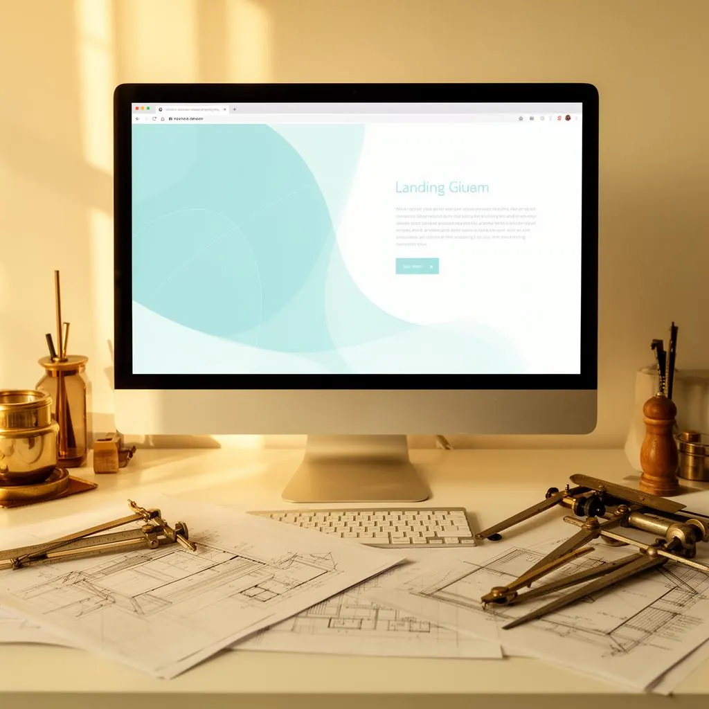 Designer's desk with iMac showing a clean blue landing page wireframe and vintage drafting tools